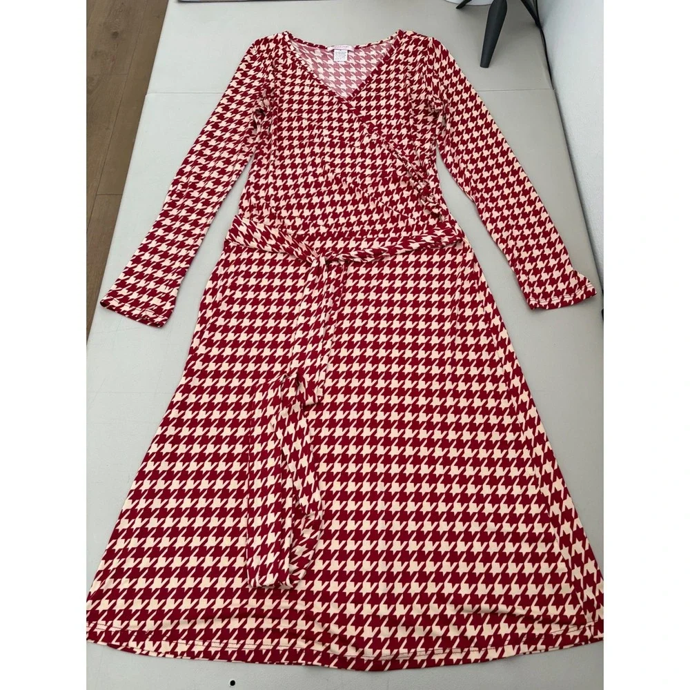 Romeo & Juliet Couture Red Houndstooth Wrap Dress Long Sleeve Midi  L Office